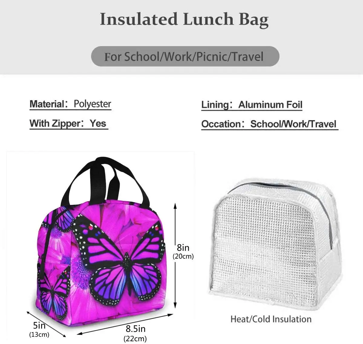 Purple Butterfly Insulated Lunch Bag Leakproof Cooler Lunch Box for Women Reusable Thermal Tote Bag for Work School Picnic Beach