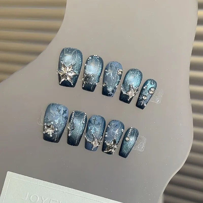 10PCS Ice Snow Press on Nails Blue Cat Eye Glow with Snowflake Design Christmas Pure Desire Style Gentle False Nails Handmade