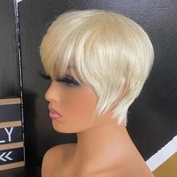 # 613 Blonde Kleur Menselijk Haar Pruiken Blonde Menselijk Haar Pruik Met Pony Pruiken Voor Vrouwen Remy Haar Kort Steil Haar