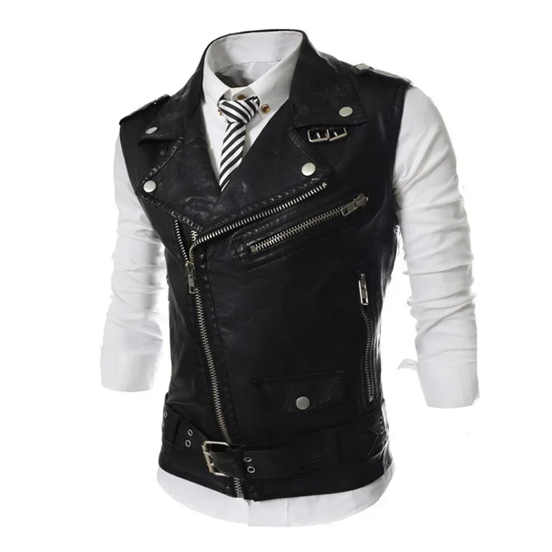 Men's Leather Waistcoat Korean Slim Fit Zipper Lapel Short Leather Waistcoat Vest Coat Solid Color