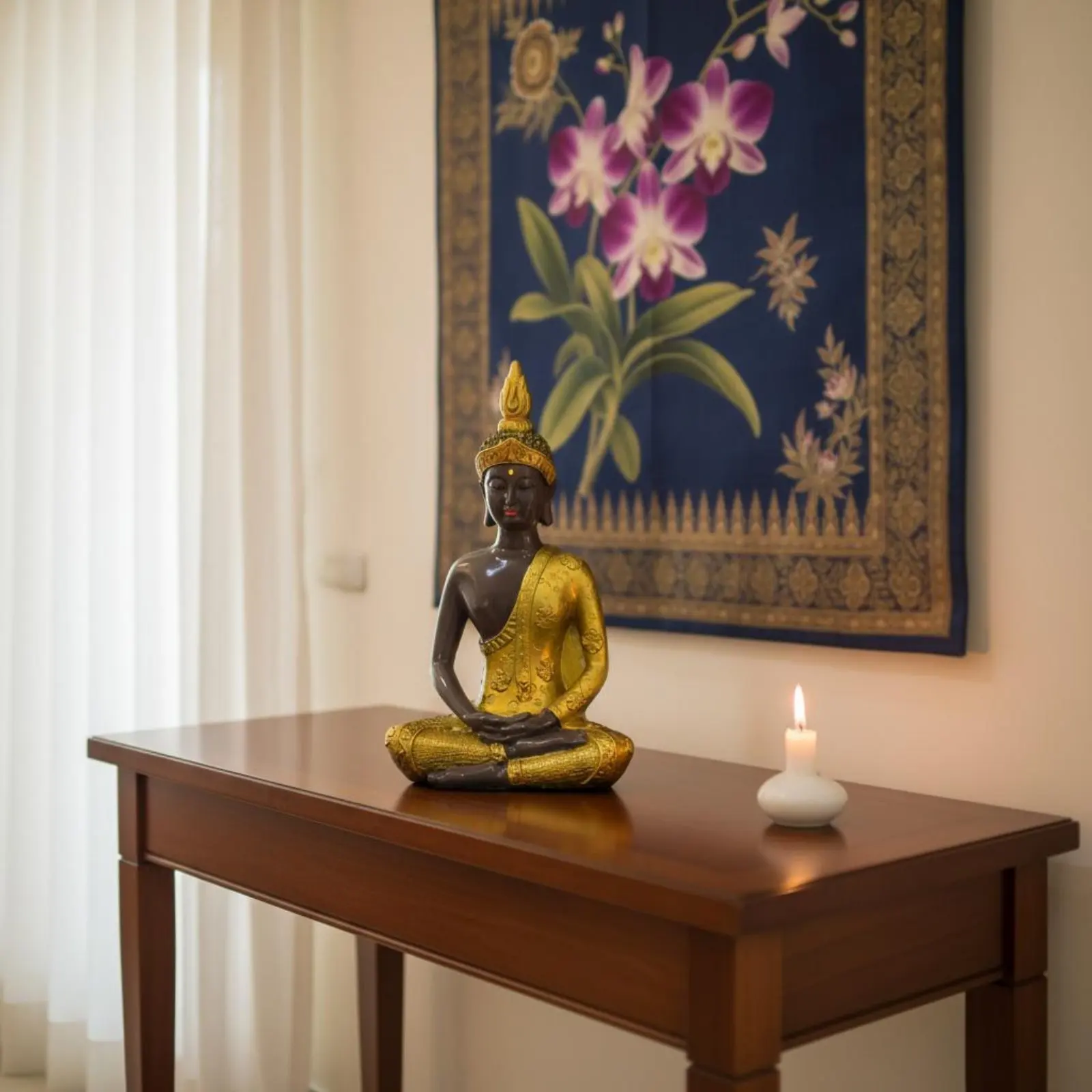 Statuette de Bouddha thaïlandais finition dorée, statue de Bouddha méditant, décoration intérieure, décor apaisant pour les pratiquants de la pleine conscience, étagère