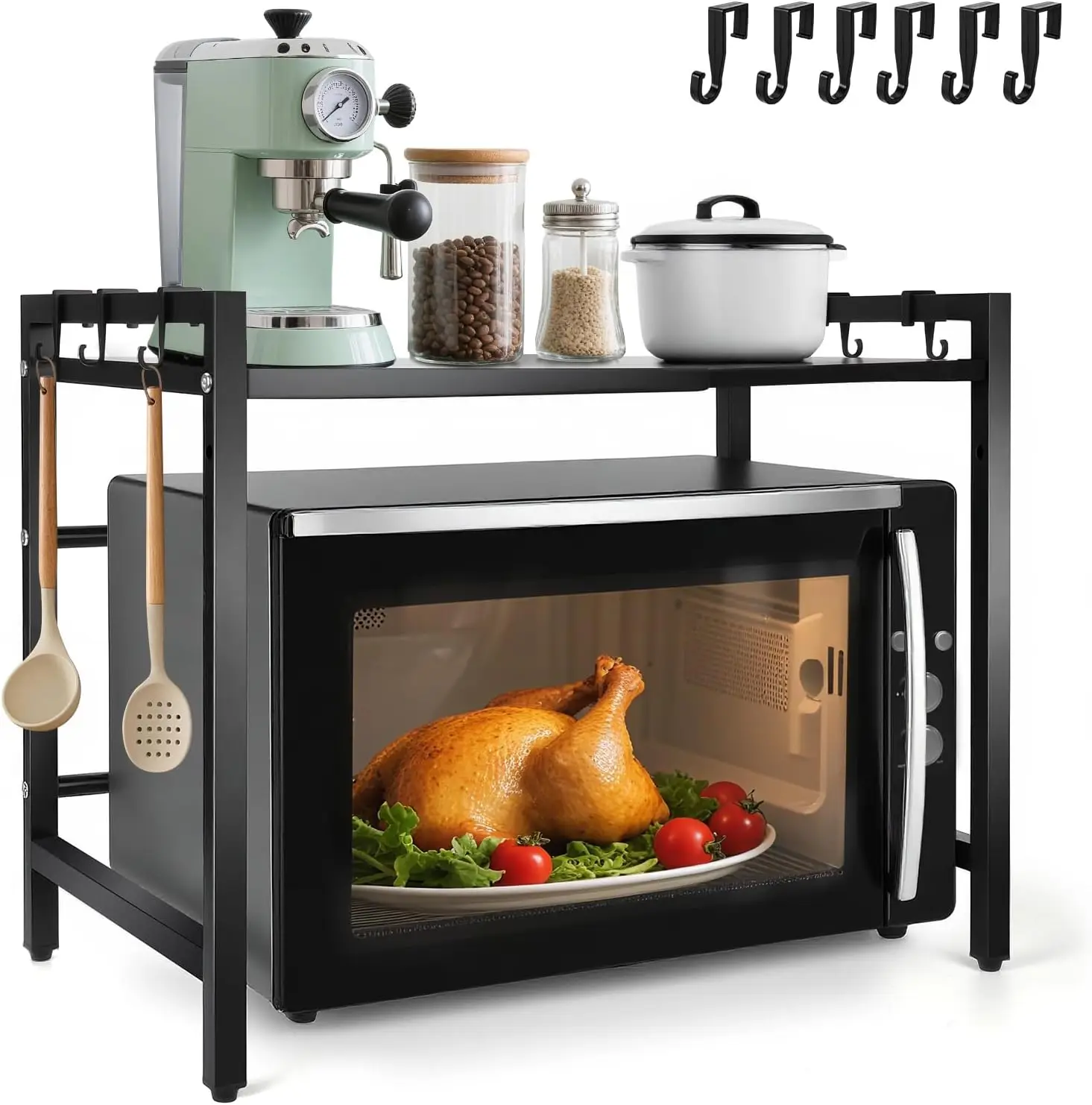 

Выдвижная подставка для микроволновой печи, регулируемая металлическая полка с 6 крючками, поддержка 65 фунтов