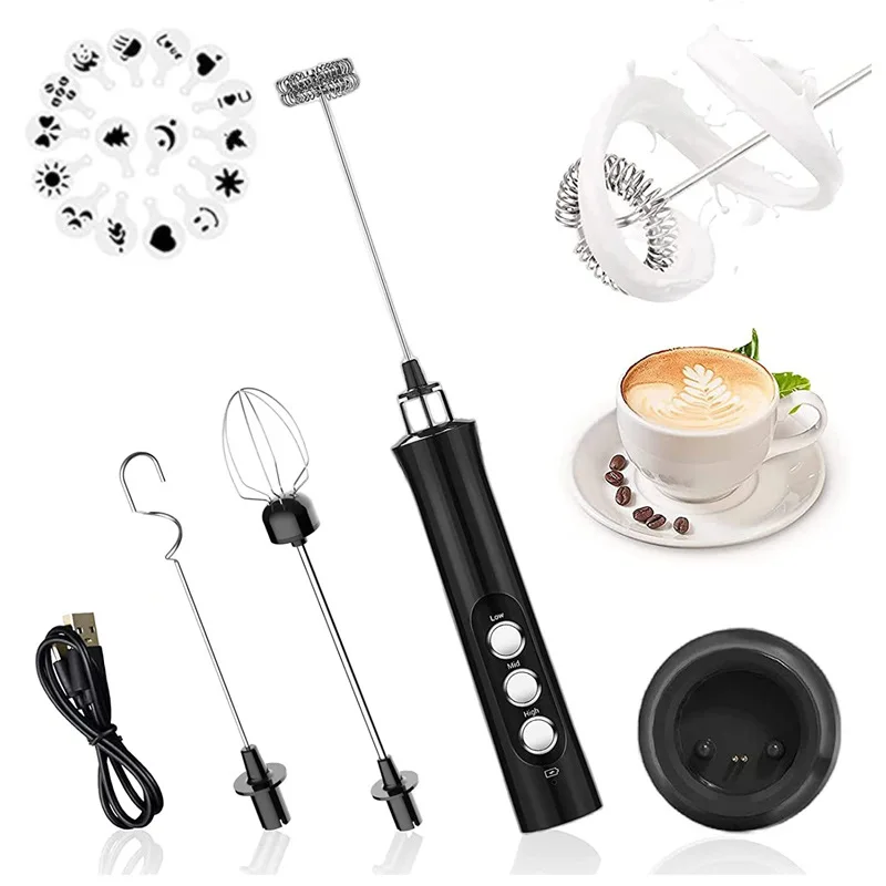 

Milk Frother Machine Electric Portable Coffee Mixer USB Foam Milk Maker Cappuccino Foamer Egg Beater 3 Speed Blender 16 Stencil