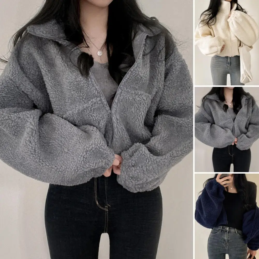 Women Faux Shearling Jacket Loose-fitting Women Jacket Cozy Winter Women's Fleece Jacket with Stand Collar Zipper for Weather