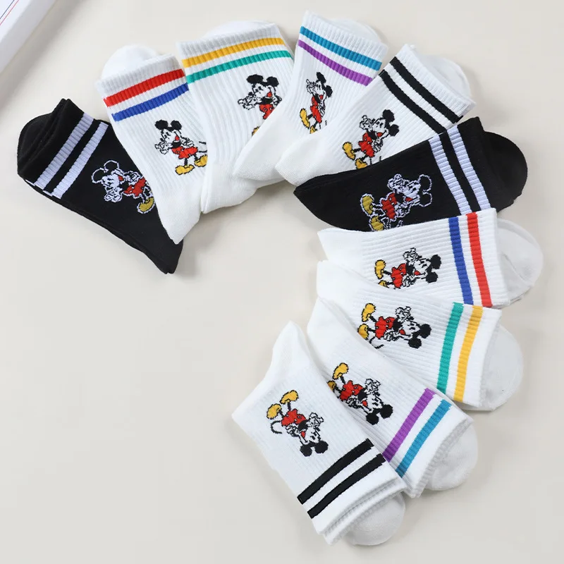 

5 Pairs Disney Anime Sport Socks Cute Mickey Mouse Cartoon Cotton Mid-tube Socks Comfortable Kawaii Boys Girls Gifts