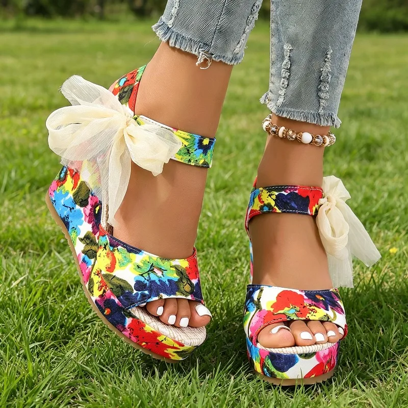 2026 Summer Floarl Printed Casual Open Toe Women's Sandals Fashion Bow Decor Wedge Comfort Women Shoes Сандалии Для Девочек