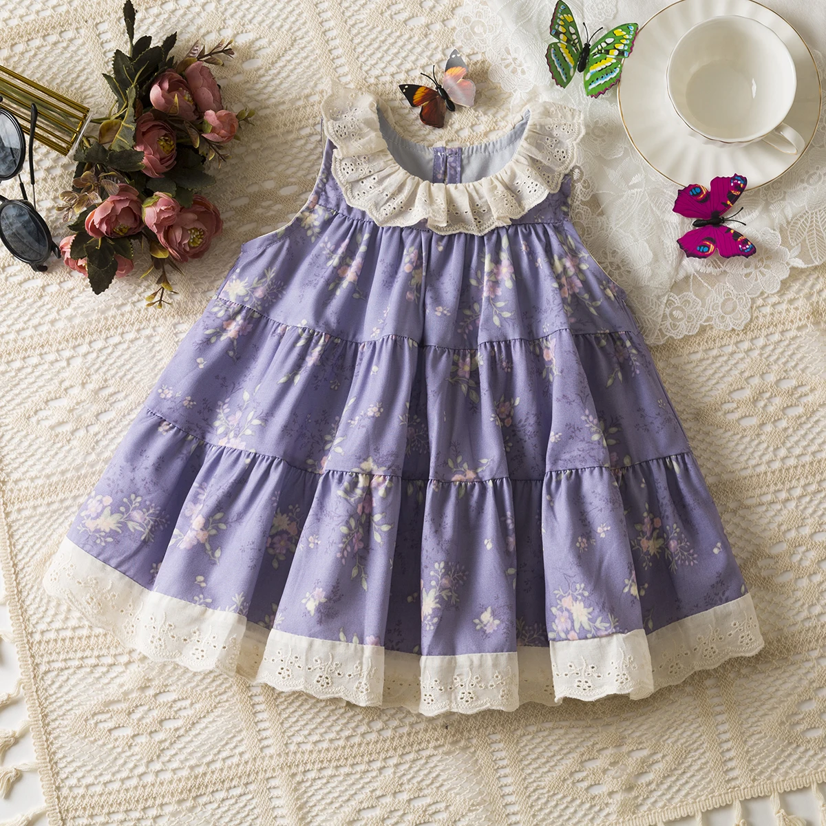 

Baby Girl Korean Style Dress Lace Doll Collar Purple Beautiful Dress Summer Elegant Girl Party Dress