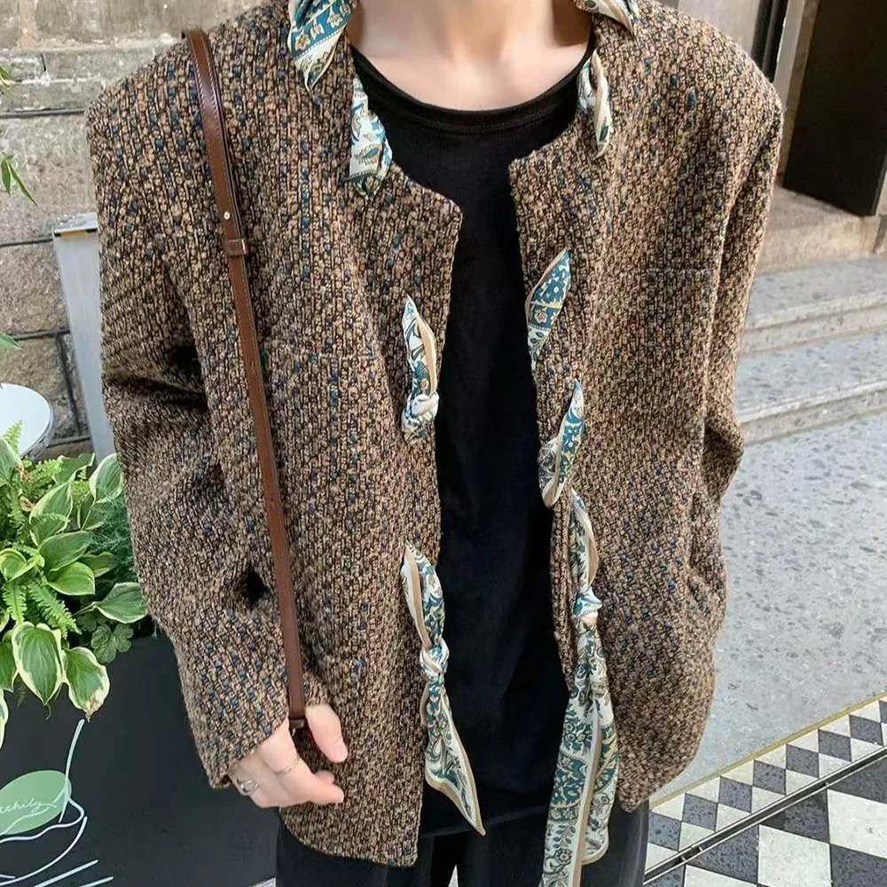 

Осенняя новая мужская лоскутная куртка с длинными рукавами в американском стиле ретро, модные тенденции, уличные повседневные свободные нишевые мужские топы 2025