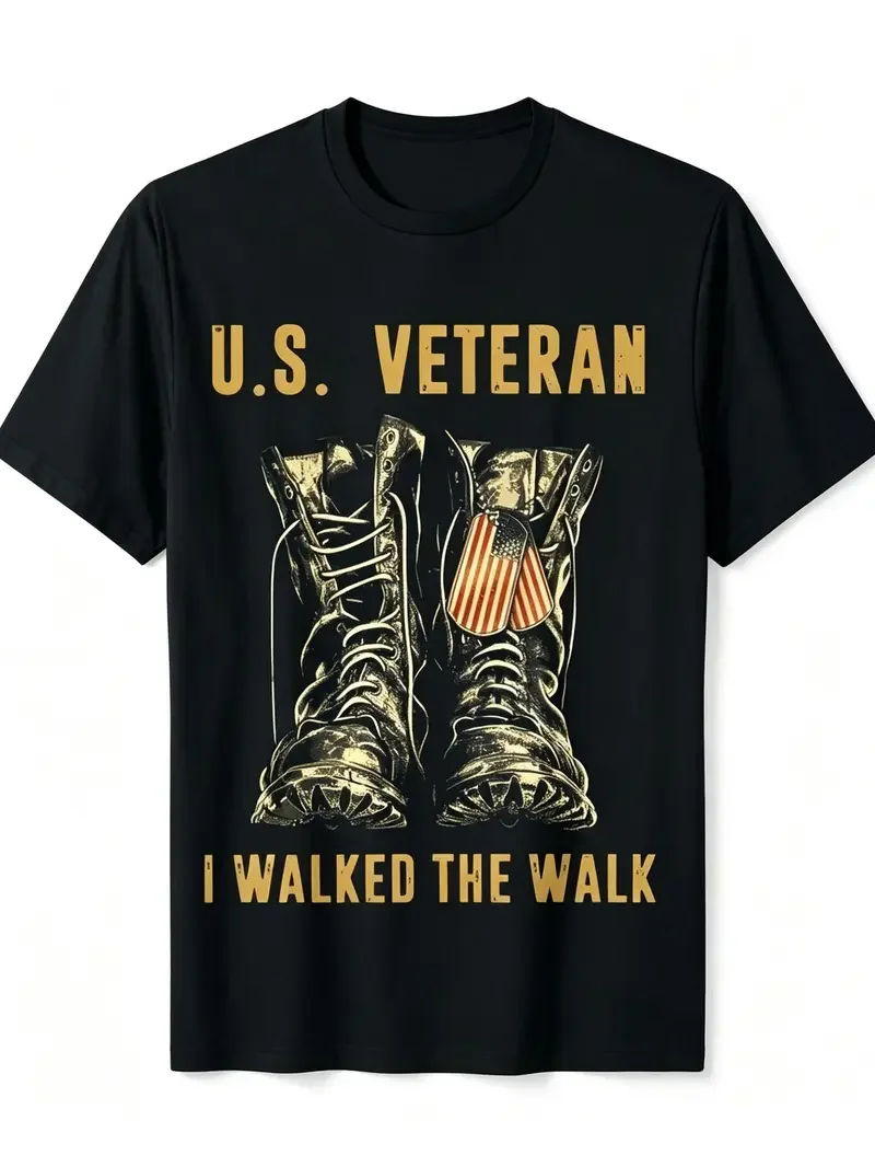 Men's Patriotic Veteran Graphic T-Shirt, U.S. Veteran I Walked The Walk Military Combat Boots Dog Tag Print Round Neck Short Sleeve Tee, Black Regular Fit Soft USA Patriotic Streetwear Top