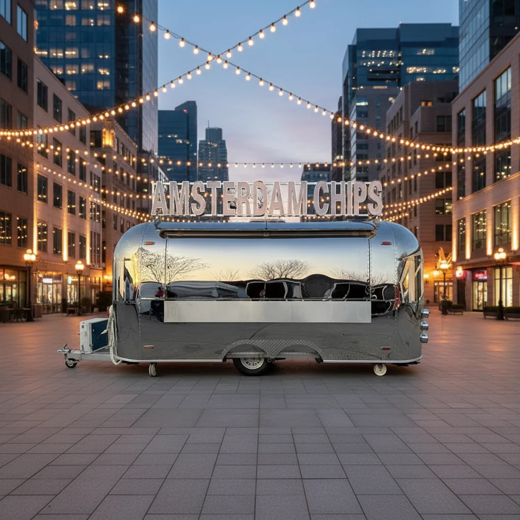 Silver Mirror Polished Stainless Steel Full Body Range Hood Window Mobile Food Trailer for Street Food and Catering