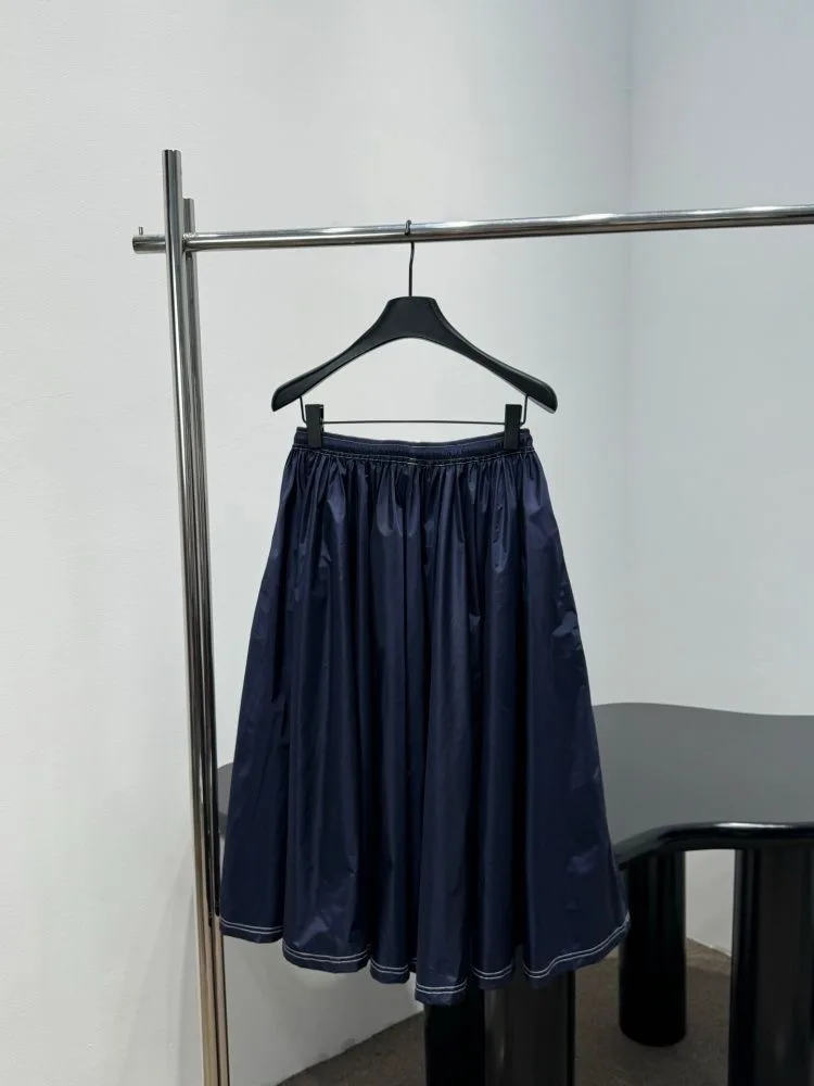 High Waist A-Line Midi Skirt Women's Design Sense Drawstring Elastic Waist Commuter Vintage Artistic Skirt