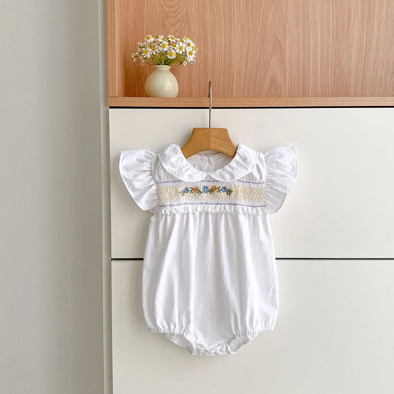 2026 Newborn Summer New 0-24M Baby Girls Embroidery Romper Korean Version Flutter Sleeve Bodysuit White Sweet Romper