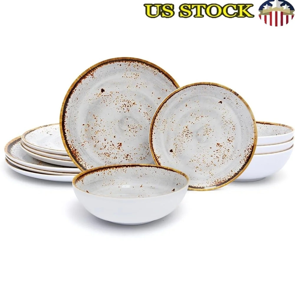 

12-Piece Unbreakable Melamine Dinnerware Set 4 Lightweight Bowls Plates Stain Resistant Dishwasher Safe Ideal Indoor Outdoor Use