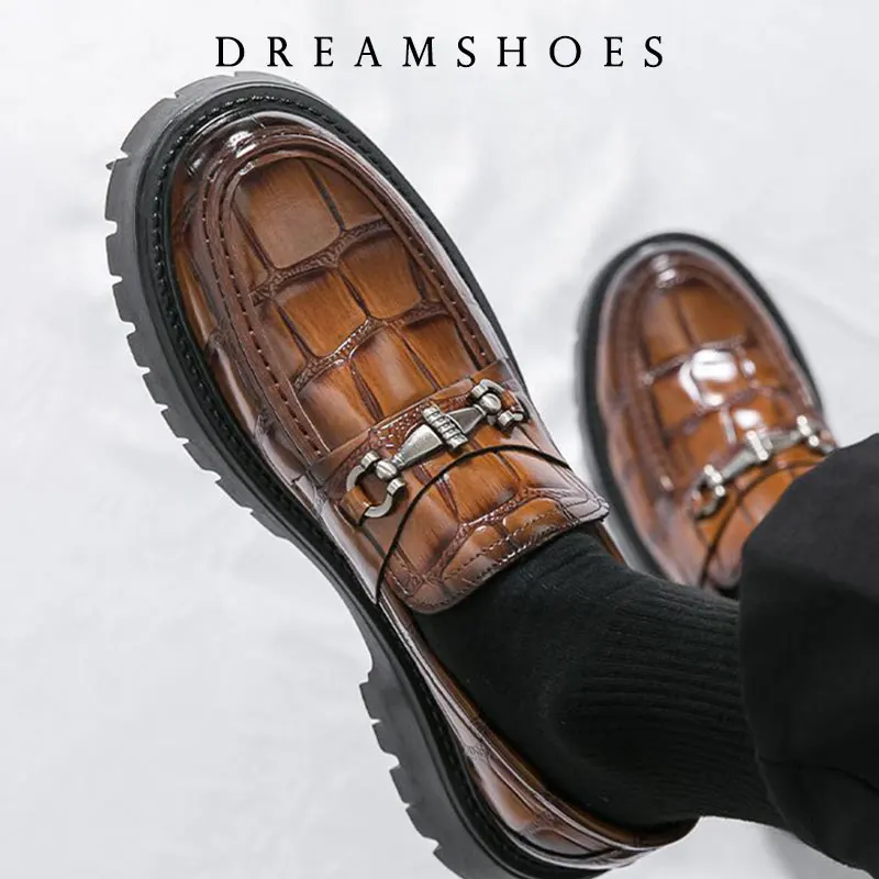 عالية الجودة الرجال جلد التمساح مريحة سميكة سوليد ديربي أحذية الربيع الرجال الرجعية الانزلاق على الأعمال أحذية من الجلد عادية #3