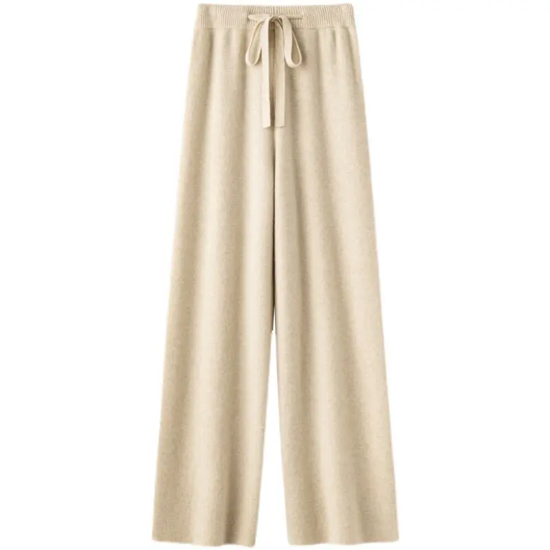 100% Australian pure cashmere wide-leg pants extended straight pants drape knitted mop pants.