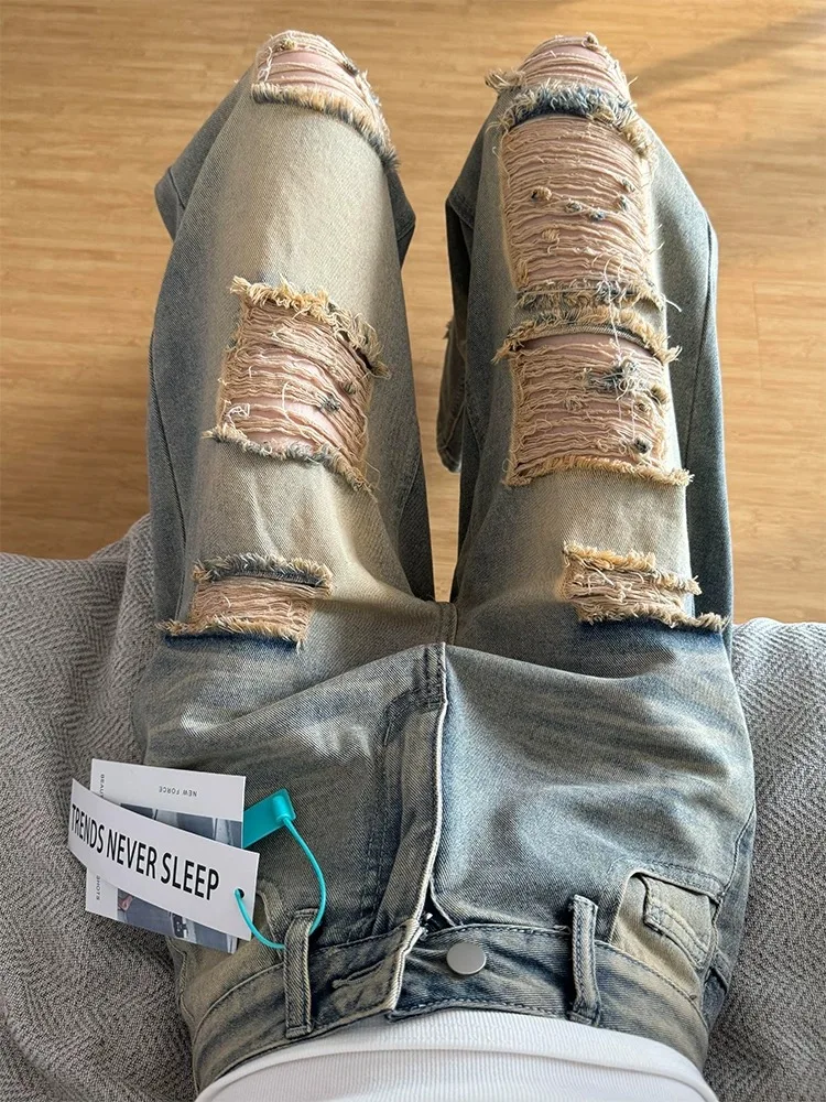 

Y2K женские потертые джинсы в американском стиле High Street в стиле нищего, летние тонкие брюки с высокой талией в стиле ретро, широкие висячие брюки