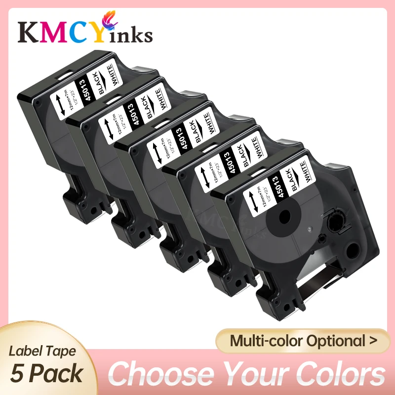 KMCYinks 5Pcs/Set Black on Clear White Red Blue Yellow Green 12mm Label Tape Compatible for Dymo D1 45010 45013 45018 45020