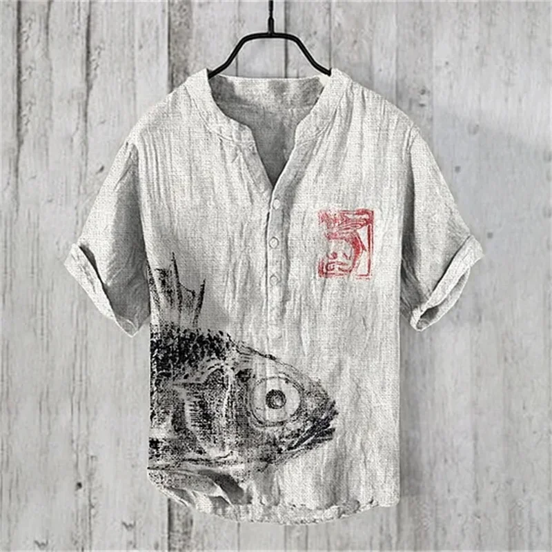 Fashion men\'s new style 100% linen summer stand collar linen men\'s Chinese style landscape painting short sleeves 2024 new