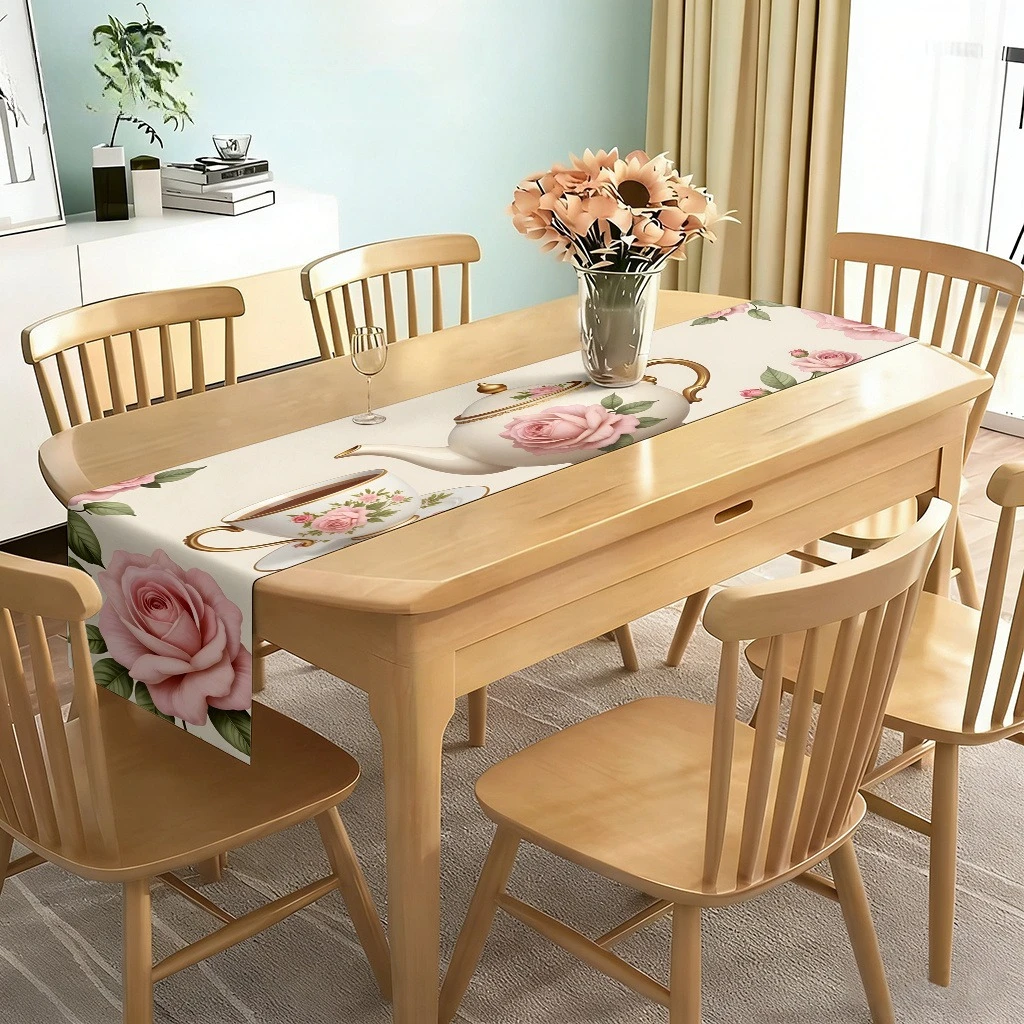1-Piece Rose Teaware Print Table Runner, Indoor & Outdoor Family Gathering Party Dining Table Runner Decor