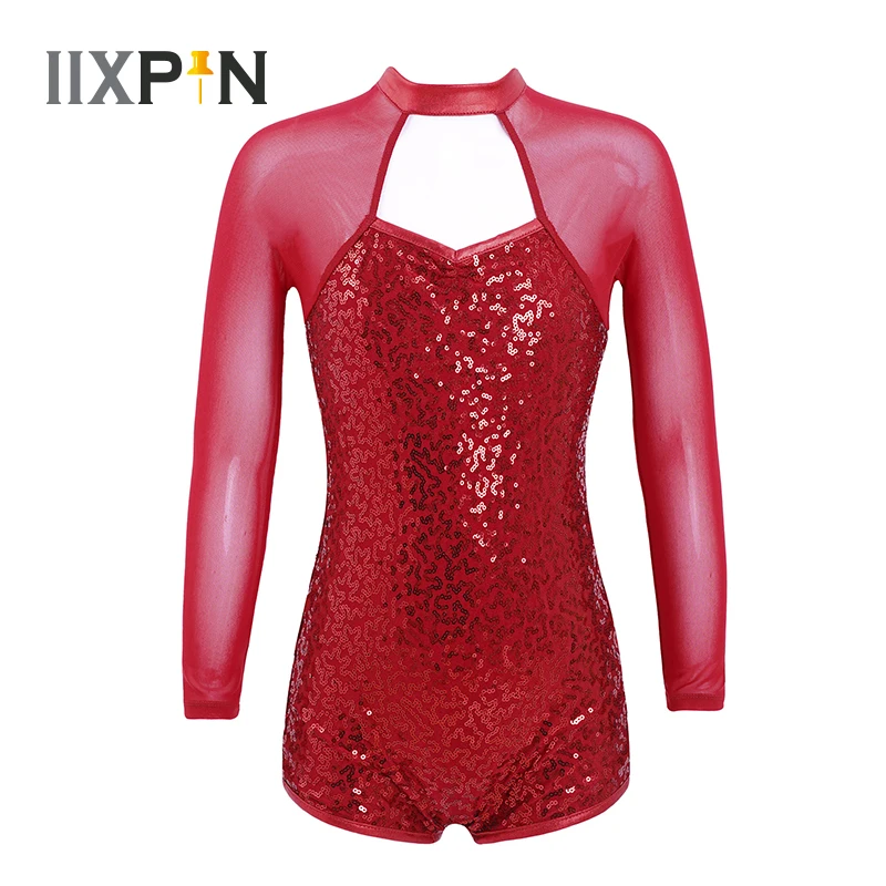 

Kids Girls Mesh Patchwork Long Sleeve Shiny Sequins Ballet Leotards Jazz Dance Costume Dance Leotard Jumpsuit Gymnastics Wear