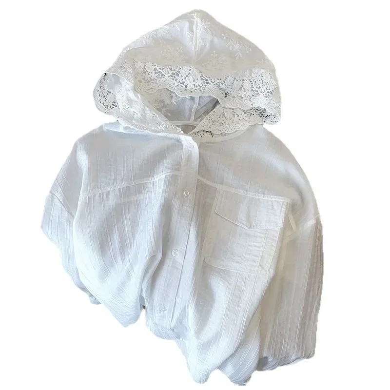 Pop 2025 French Textured White Lace Hooded Shirt Women's Loose Sun Protection Top New Style Pure Color Full Sleeve Button Down