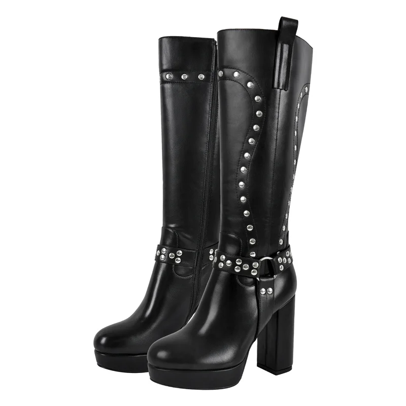 Onlymaker Women Round Toe Platform Knee High Boots Chunky Heel Side Zipper Metal Rivet Decoration Buckle Motorcycle Boots