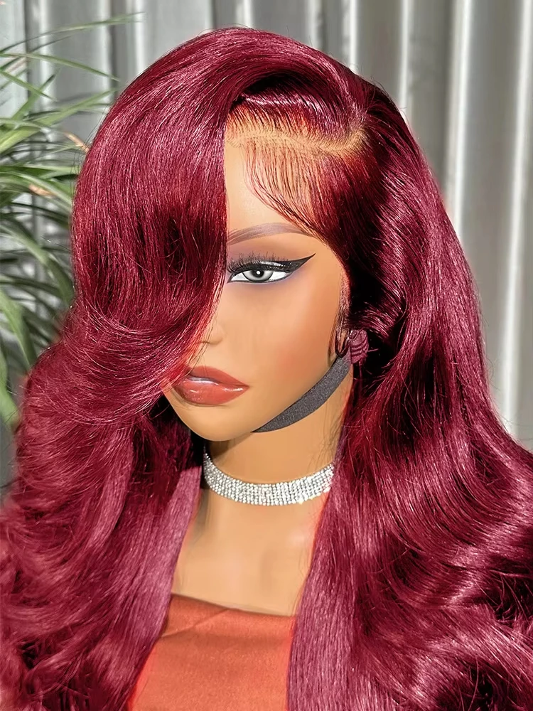 99J Burgunderrote Körperwelle 13 x 4 transparente Spitze-Frontal-Perücken, 76,2 cm, brasilianisches Echthaar, Lace-Front-Perücke für Frauen, Ausverkauf
