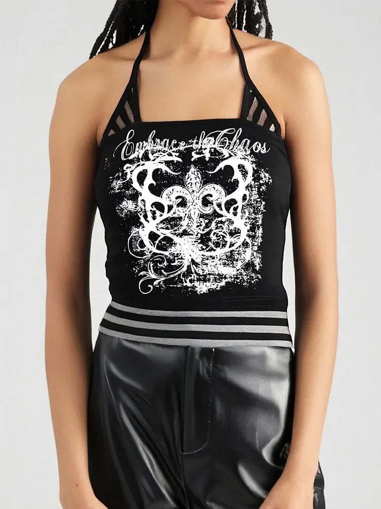 GELITAYIN Summer Women Vest Streetwear Y2k New Fashion Print Halter Lace-up Casual Slim Tank Black Sexy Lady Club Party Versatil