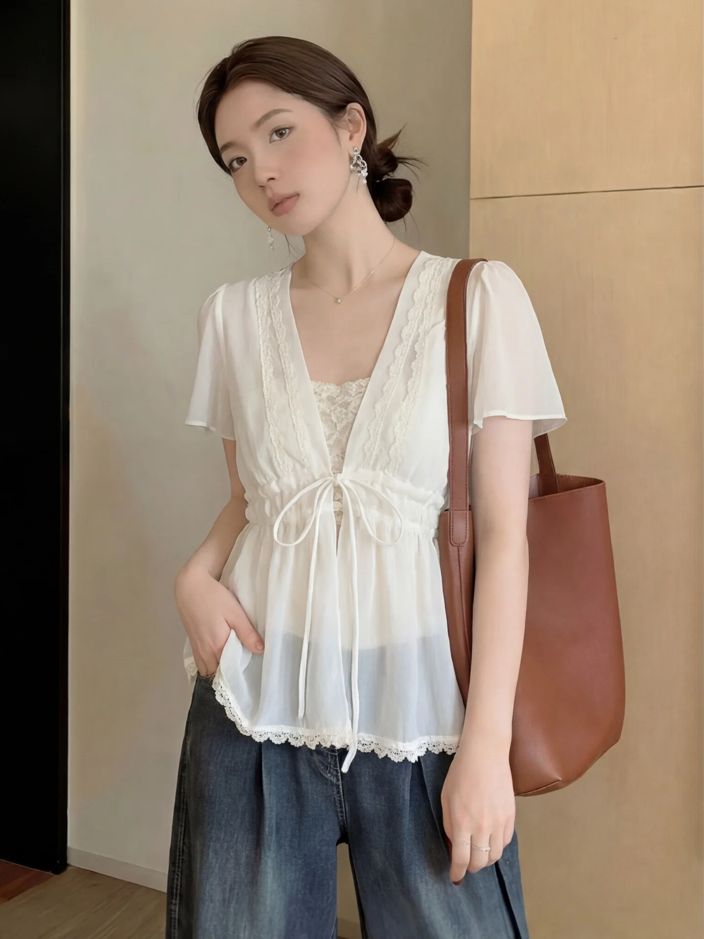 

Slim Fit Short Sleeve V-Neck Lace Patchwork Knot Tie Summer Chiffon Shirt Women's City Walk Regular Length Pure Color