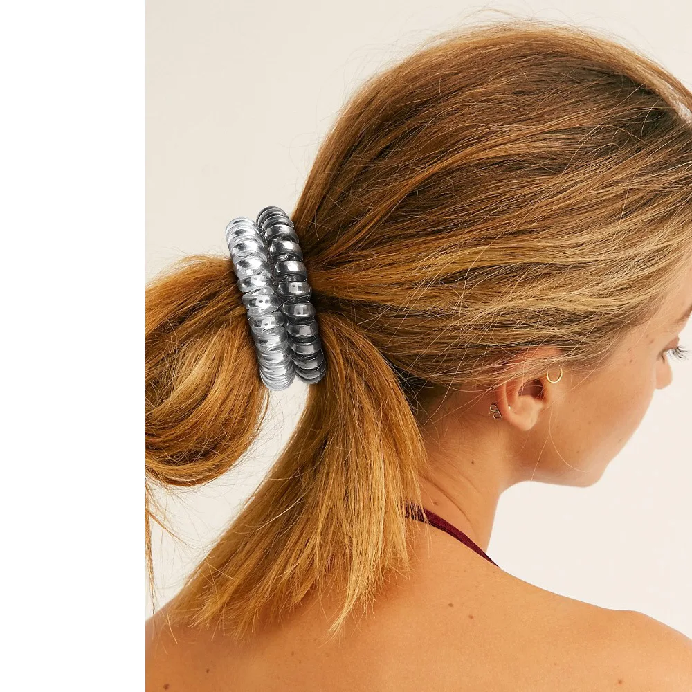 Silver Metal Coil Hair Ties High Elasticity Spiral Telephone Cord Ponytail Holders for Thin Thick Hair Non Damage