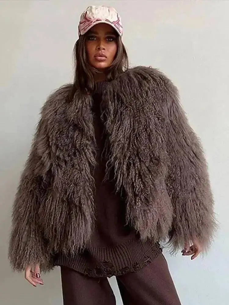 Fashion Brown Faux Fur Coat Women's Round Neck Loose Long Sleeves Thick Plush Short Jacket Winter New Casual Women 3L6X