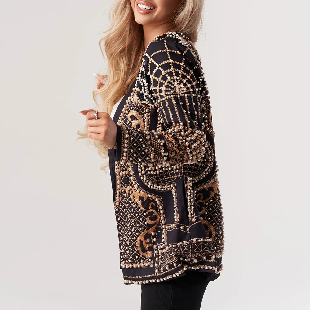 TWOTWINSTYLE الصلبة التخسيس مزاجه معطف للنساء التلبيب طويلة الأكمام المرقعة اللؤلؤ موضة السترات الملابس النسائية جديد #4