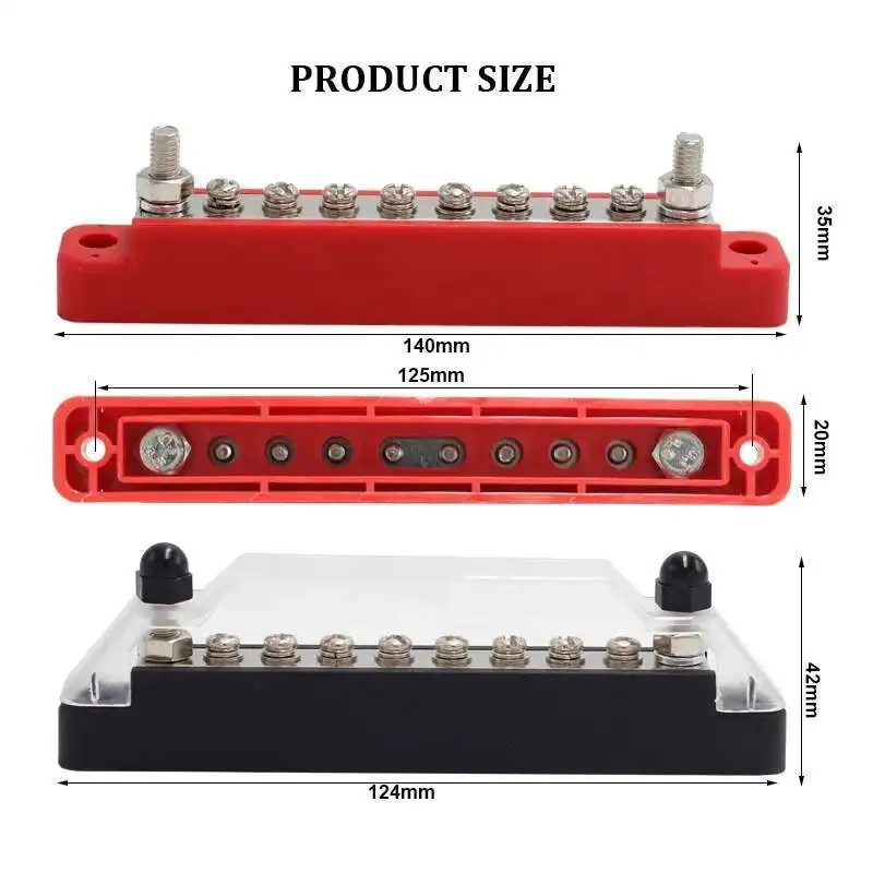 

12V-48V Bus Bar Power Distribution Block 2 M6 Studs 8 X M4 Terminal Screws Boat Truck