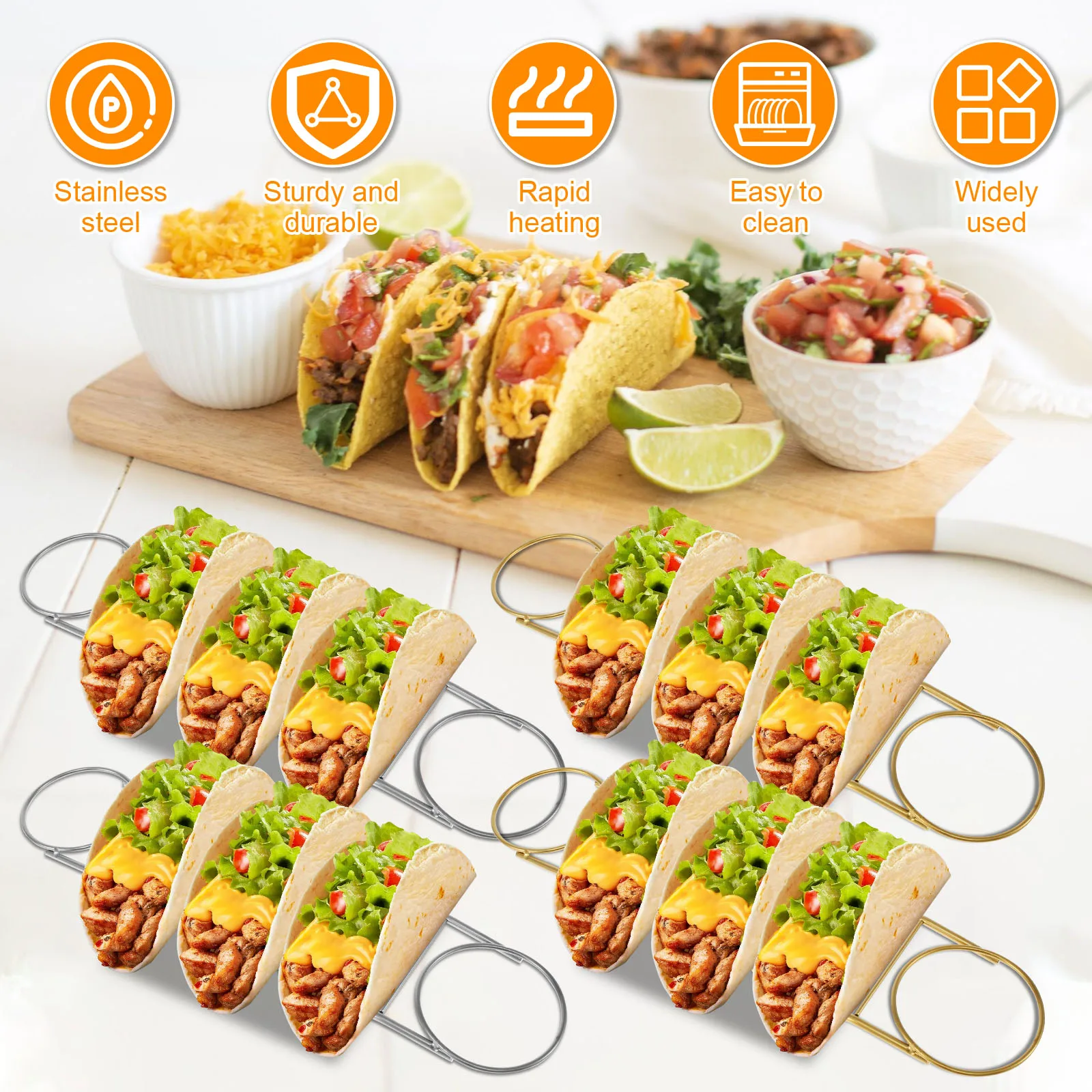 8Pcs Taco Stand with Spoon Salad Cup Stainless Steel Taco Holder Set Rustproof Taco Rack Set Burritos Tortilla Cooling Stand