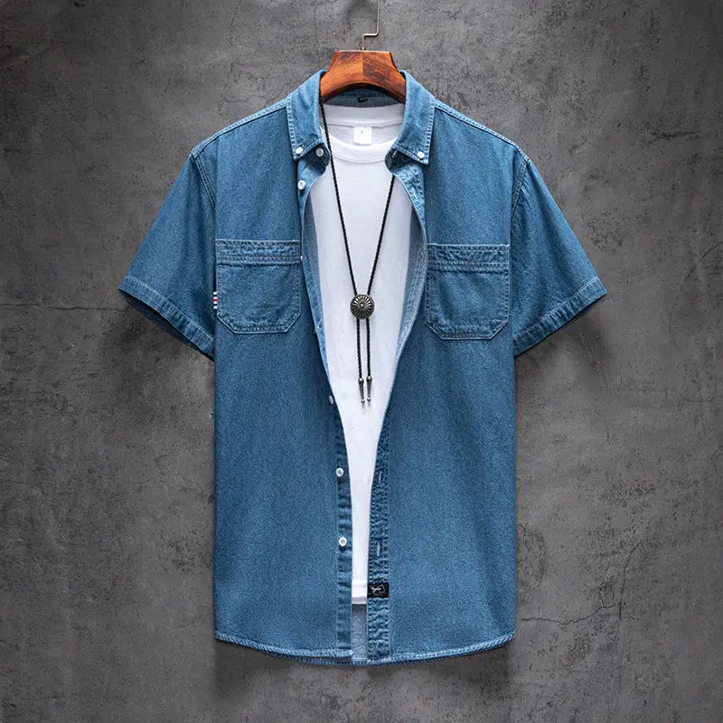 VERSMA Male Casual Short Sleeve Vintage Denim Shirt Men Chemise Camisa Slim Fit Cotton Shirt Jean Women Blouse Brand Clothes 4XL