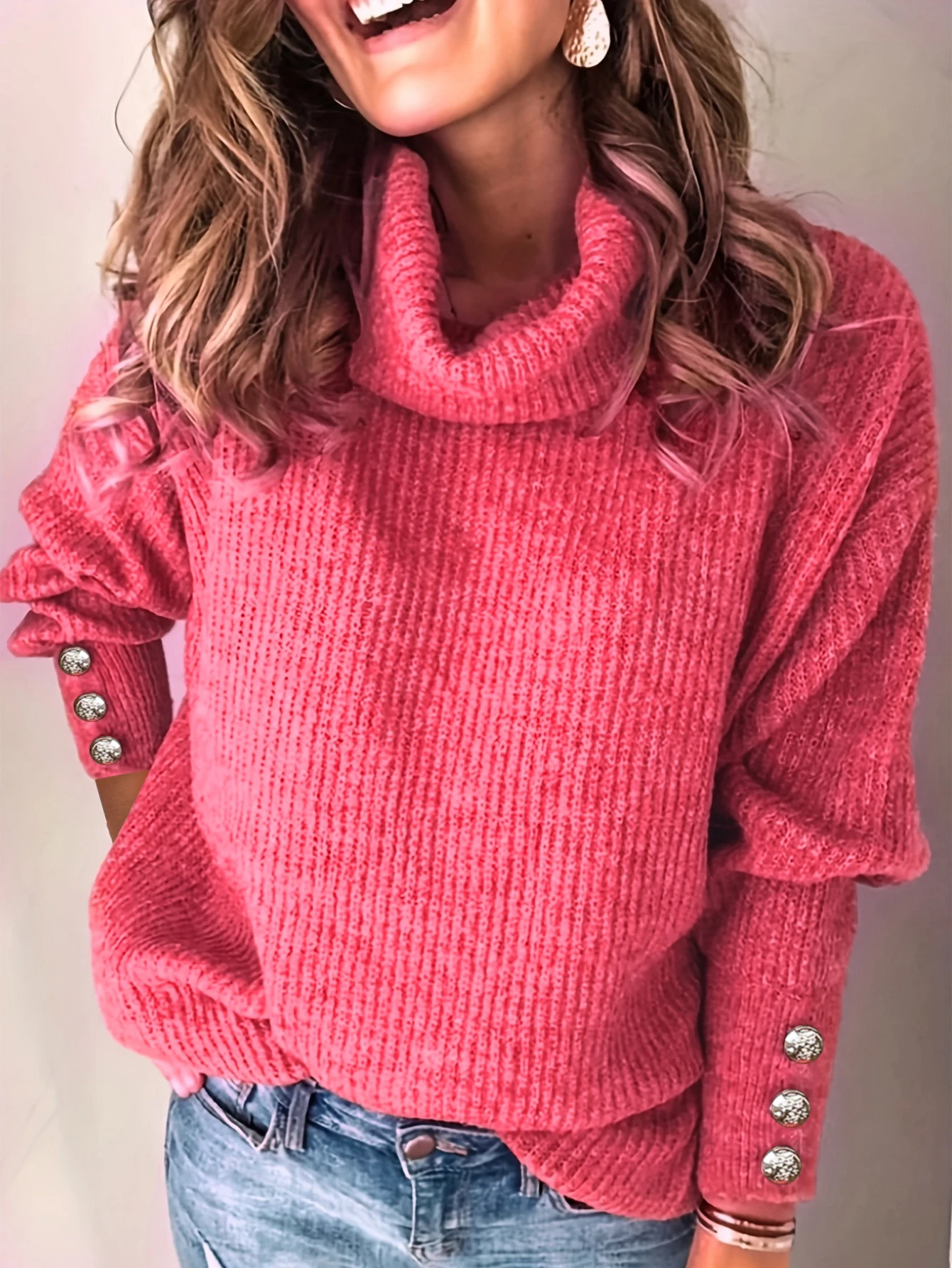 Solid Turtle Neck Pullover Sweater, Casual Long Sleeve Button, Women\'s Clothing,sueteres para mujeres