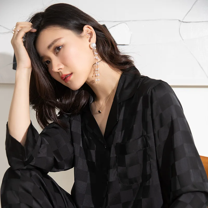 Spring Autumn Women Sleepwear Pajamas Set White Plaid Satin Pijamas 2PCS Shirt&Pant Loose Satin Trouser Home Wear Loungewear image 3