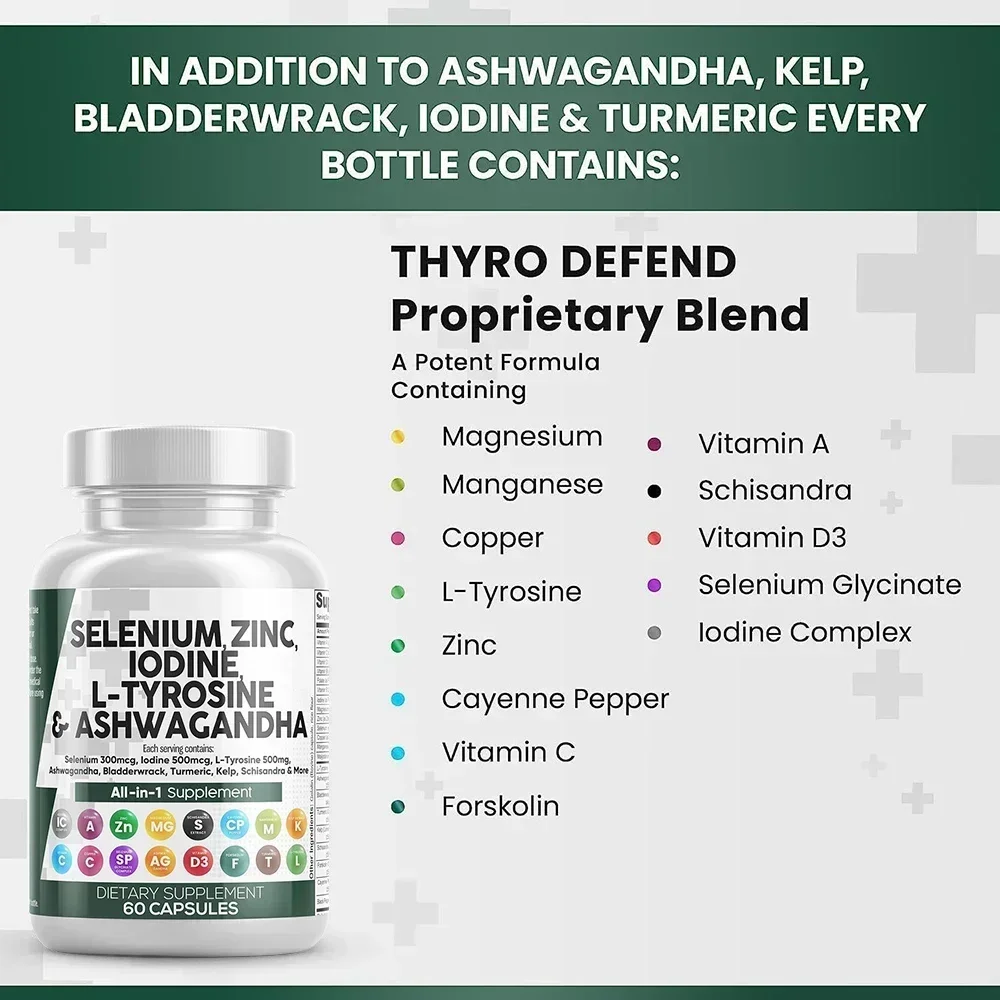 Selenium 300mcg Zinc 50mg Iodine 500mcg Ashwagandha 6000mg - Thyroid Supplement for Men and Women with Seaweed, Turmeric, Kelp