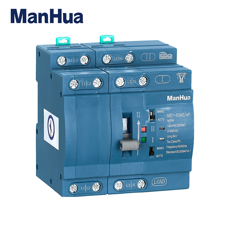 

ManHua Dual Power4P 63A ME1-63AE 230VAC Dual Power Automatic Transfer Switch PC Type DIN-Rail Mounting Blue Housing