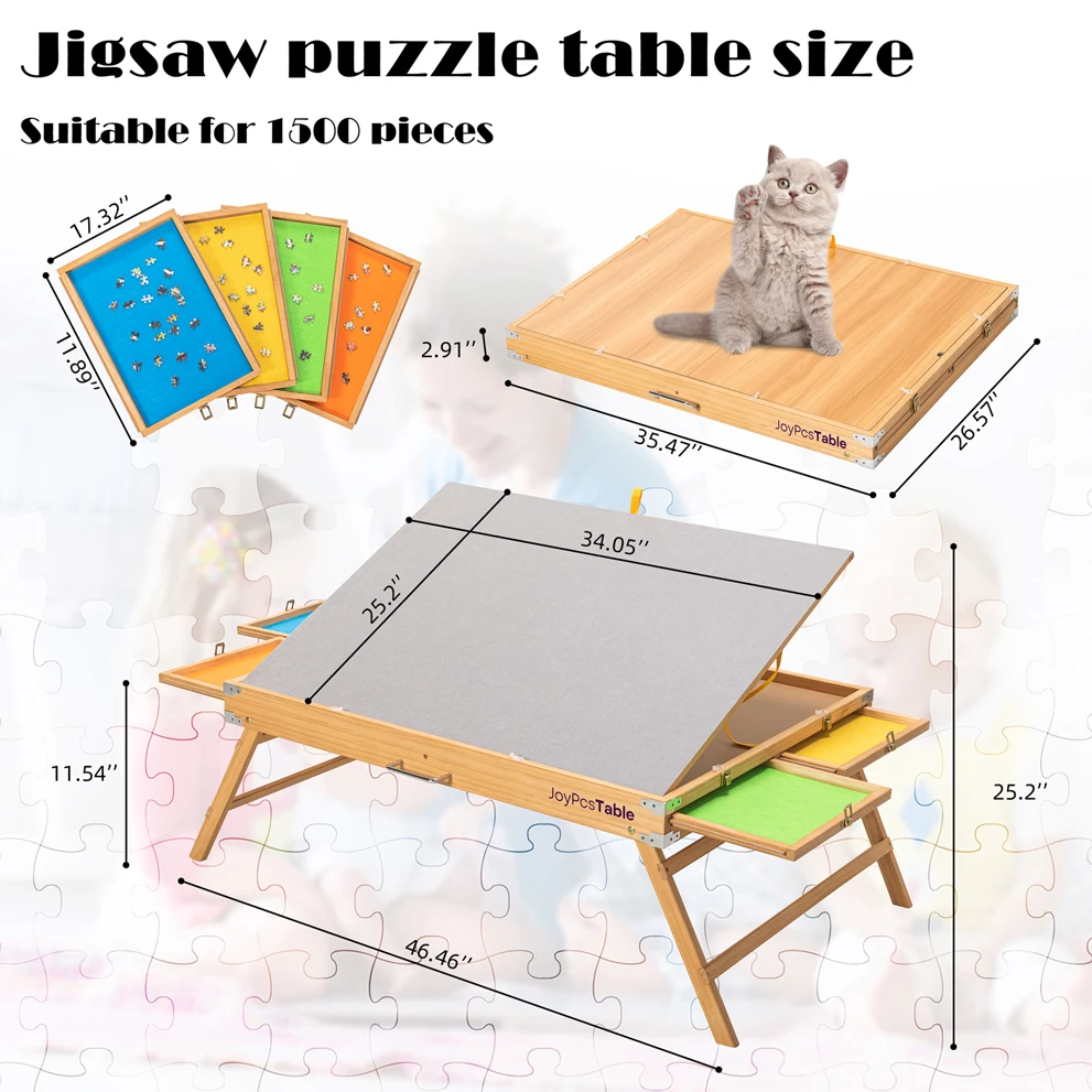 Wooden puzzle table with storage drawer and protective cover, portable tilted puzzle board, foldable legs, can hold 1500 pieces