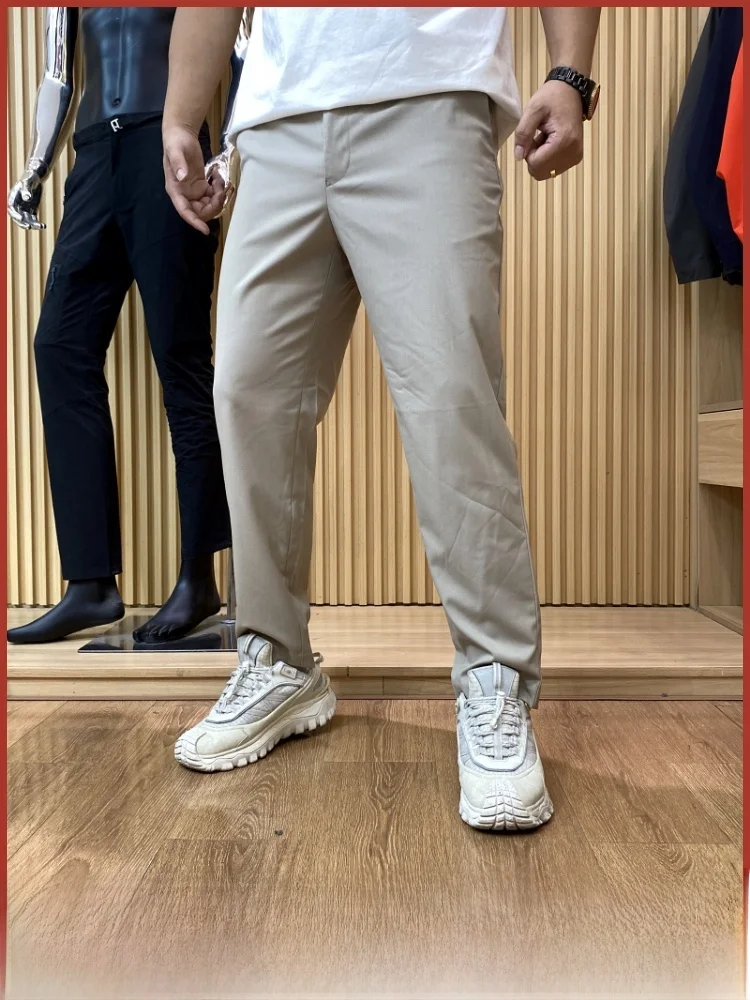 

Lightweight Breathable Busin Casual Nine-Piece Pants Elastic Soft Summer Trousers Straight Leg mid Waist Button Closure