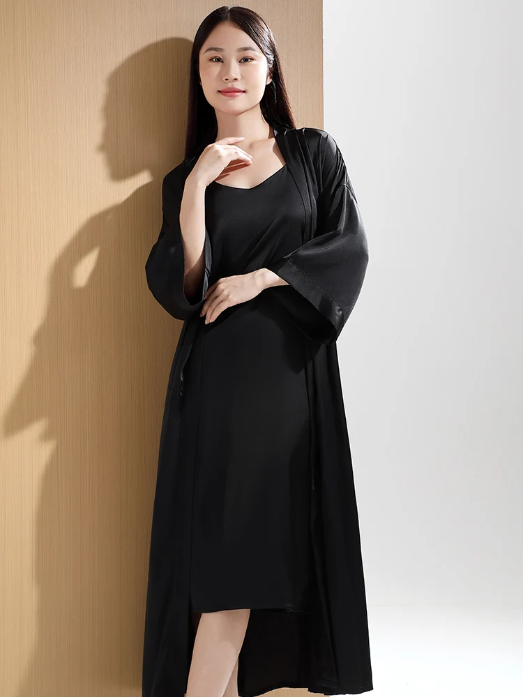 silk-sleepwear-women's-spring-summer-autumn-pure-color-long-robe-set-sexy-strap-v-neck-home-clothes-thin-seven-sleeve-length