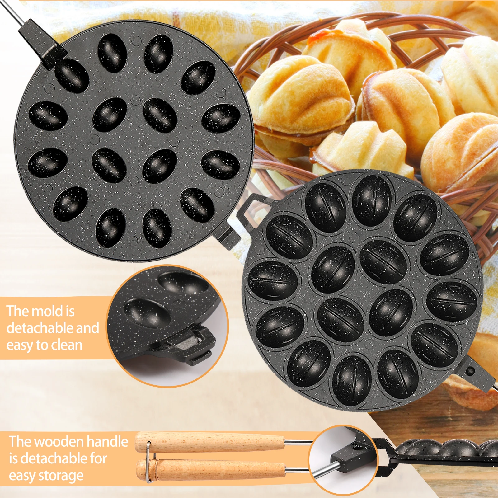 Walnut Cookie Mold with Wood Handle 16 Holes Walnut Cookie Maker Nonstick Oreshki Mold Maker Efficient Pastry Nut Cookies Mold