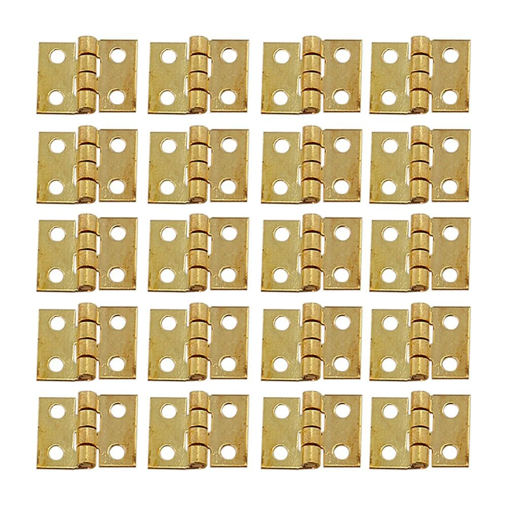 Mini dobradiça de metal para gabinete em miniatura, pequenos acessórios para móveis, minúsculo gabinete dourado, hardware doméstico, 10x8mm, 1:12, 25pcs