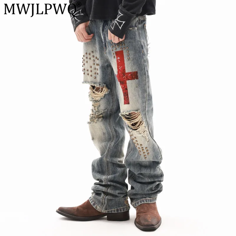MWJLPWQ Handmade Rivet Washed Ripped Jeans Men's Distressed Vintage Slim Fit Curved Knife Stacked Flared Denim Trousers 21476