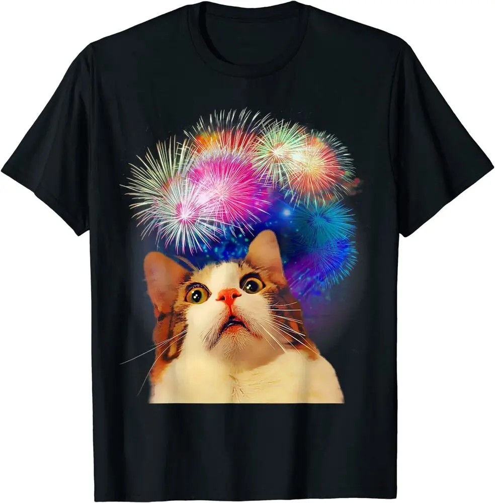 4th Of July Fireworks Enthralled Cat Funny Design T-Shirt For Men Clothing Women Tees Y2K Tops Unisex Summer Short Sleeve