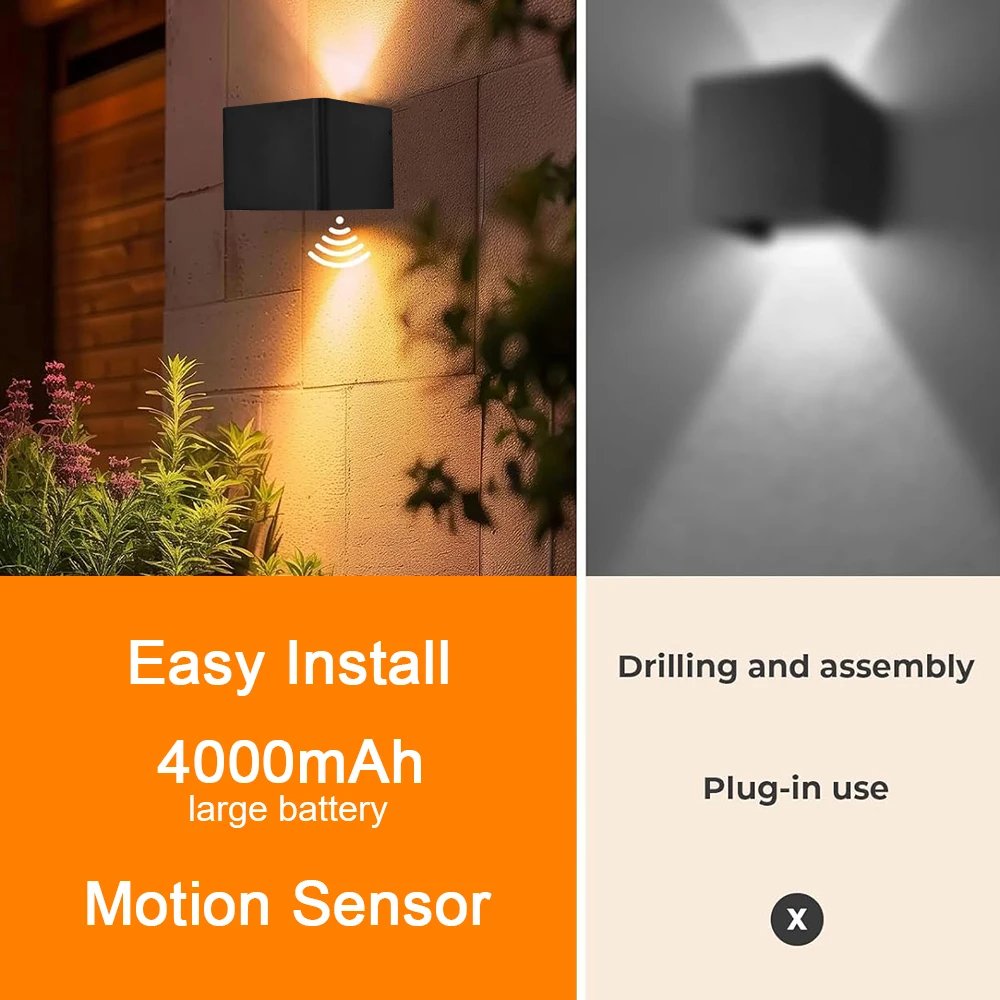2 Stück Kabellose Würfel-LED-Wandleuchte mit Auf- und Abwärtslicht, Wiederaufladbar, PIR-Sensor, Stufenlose Dimmung, Magnetisches Nachtlicht für Flur und Veranda – Detail 4