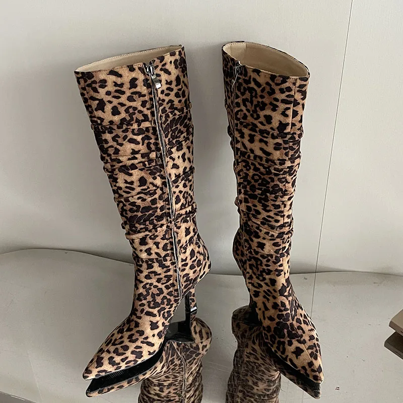 Big Size Fashion Leopard print Footwear Women Knee High Boots Female Designer Pointed Toe Ladies Long Modern Booties Heels Shoes