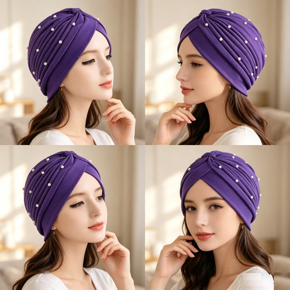

Solid Color Beaded Headwrap Women Turban Bonnet Breathable Inner Hijab Cap African Head Cover India Muslim Ladies Headwear