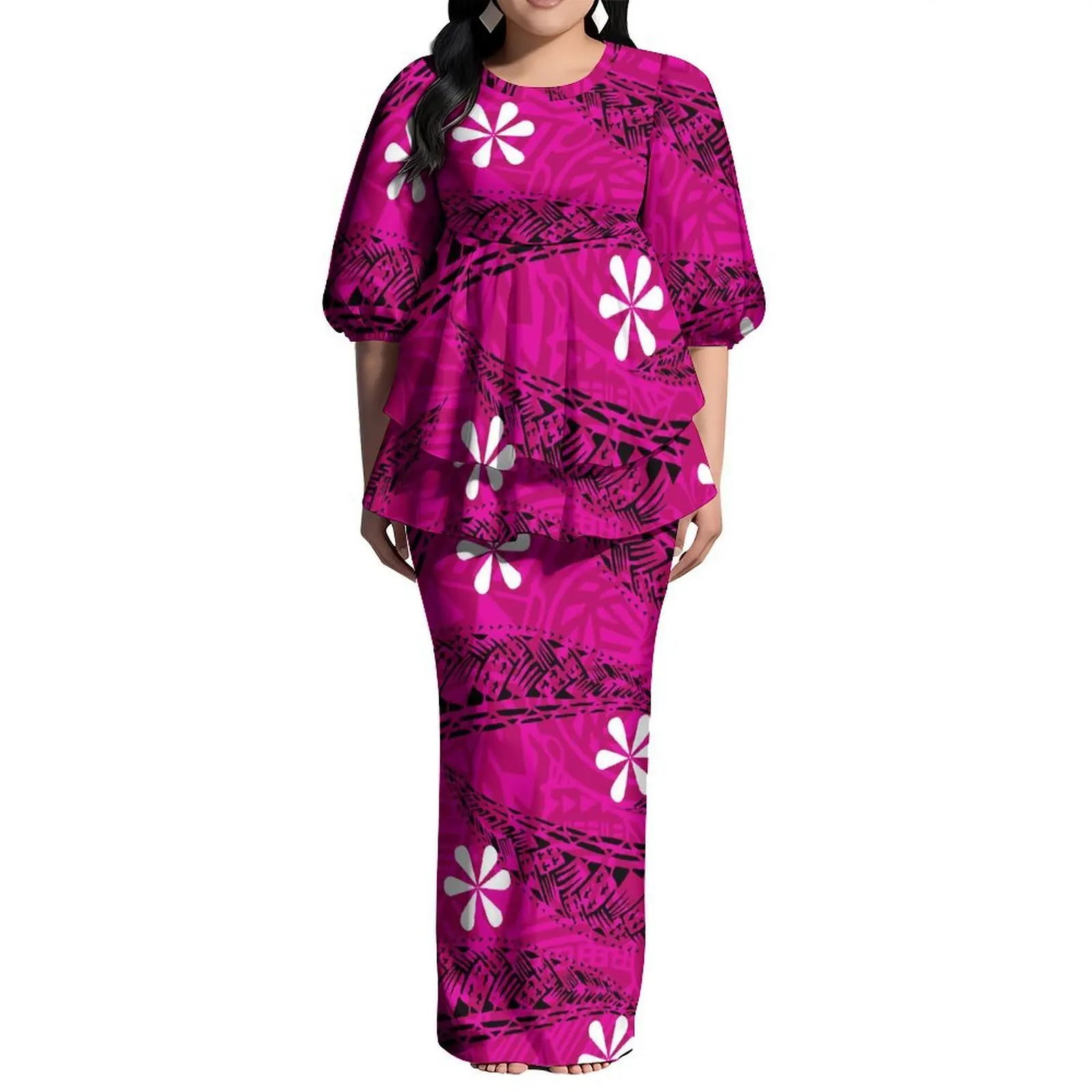 Round-Neck Puffed Sleeve Polynesian Style Women'S Customizable Pattern Puletasi Suit Dress High-Quality Double-Layer Hem Set
